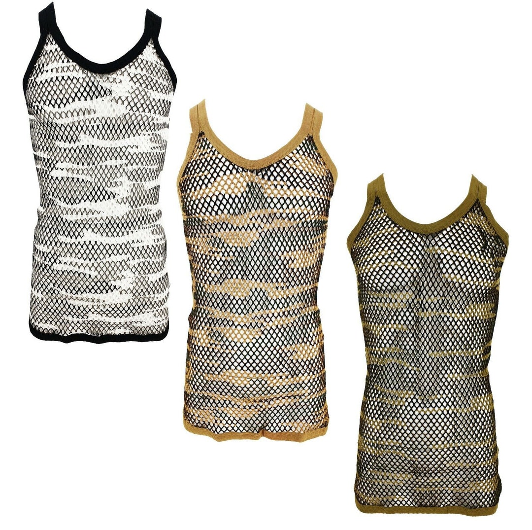 Mens Black Camo String Mesh Vest 100 Cotton Camouflage Fish Net Fitted