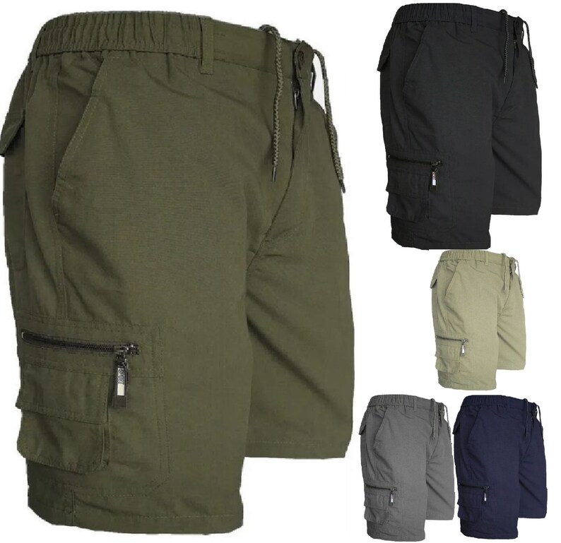 Mens Plain Elasticated Lightweight Shorts Cargo Combat Multi Pocket Cotton M-3XL image 2