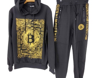 Mens Tracksuit Bit coin Print Urban Hip Hop Top Bottoms Joggers Set 2ps Outfit Set Men Sweatshirts Sweatpants Athletic Track Suit