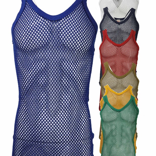 Original Pendeen Mens Premium 100% Cotton Mesh Fishnet String Vest Top V Neck