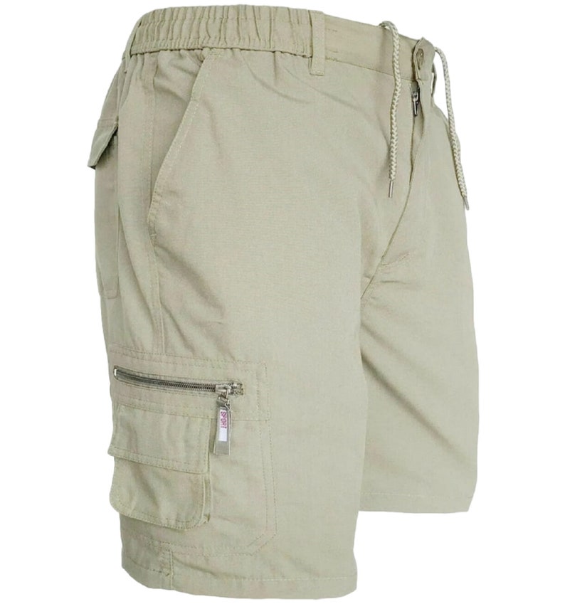 Mens Plain Elasticated Lightweight Shorts Cargo Combat Multi Pocket Cotton M-3XL Stone