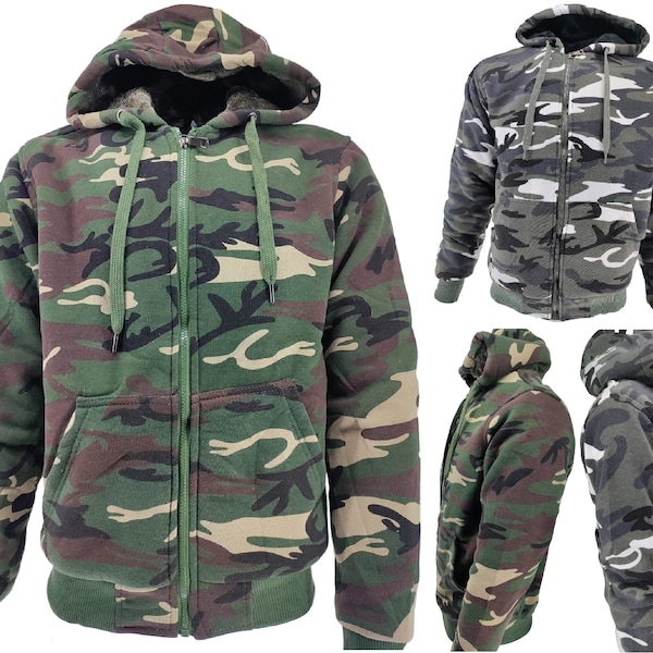 Mens Camouflage Hoodie Fur Lined Full Zip Army Camo Military Sherpa Hooded Men Warm Winter Jacket M - 3XL