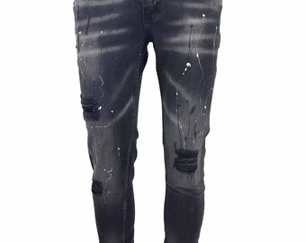 Georgio Peviani Jeans Patchwork Paint Splatter Distressed Ripped Denim Jeans