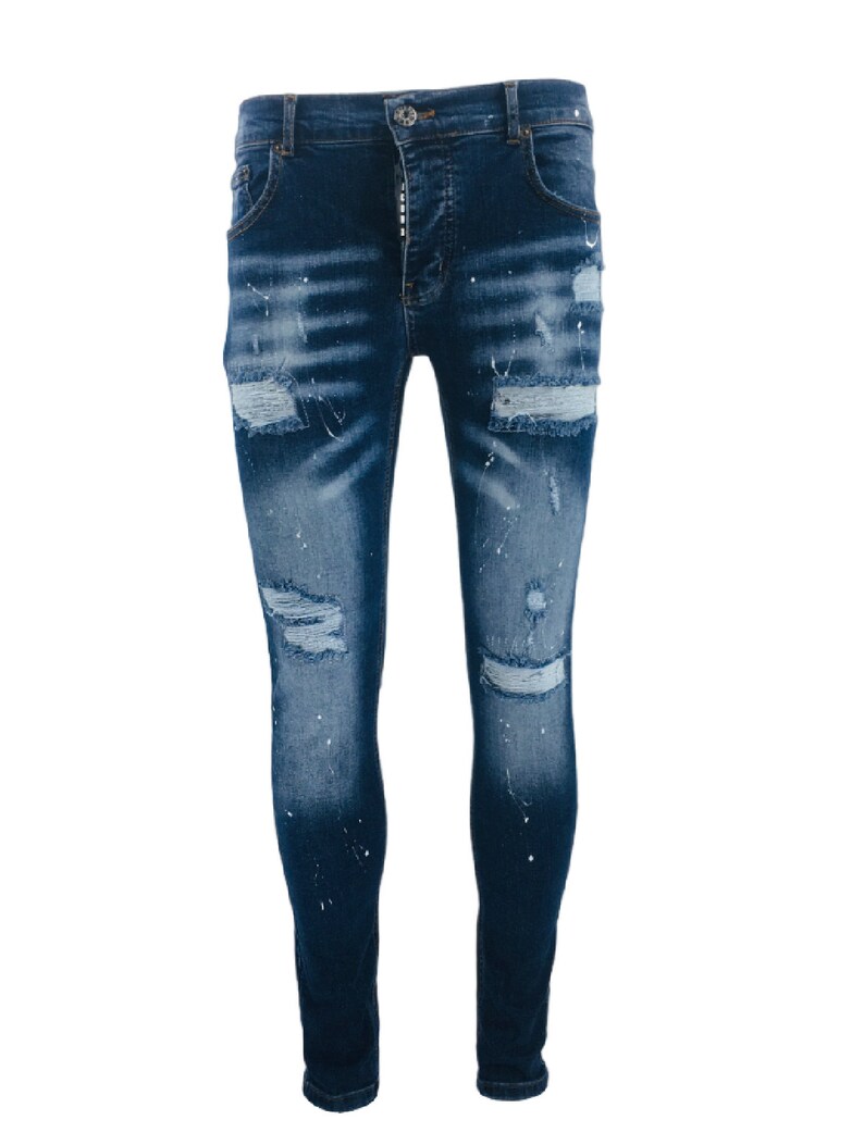 Denim Jeans Men's Blue Patchwork Paint Splatter Distressed Etsy