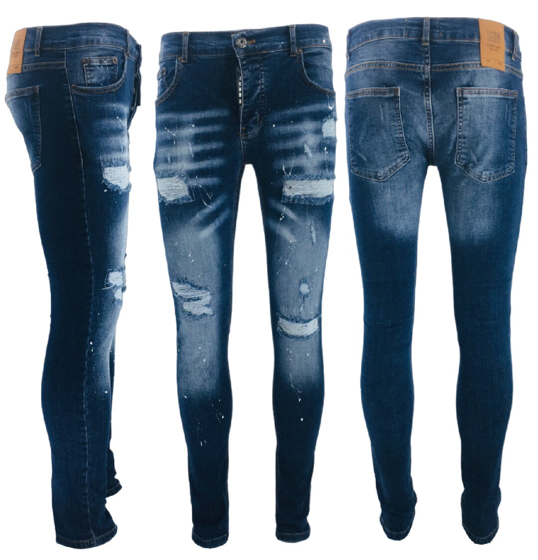 Denim Jeans Men's Blue Patchwork Paint Splatter Distressed Etsy