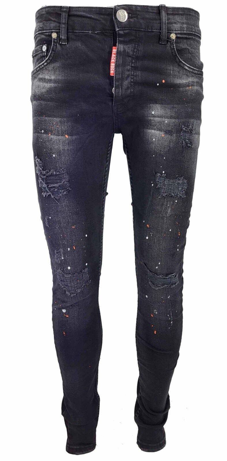 Mens Black Rock Jeans Patchwork Paint Splatter Distressed Ripped Denim