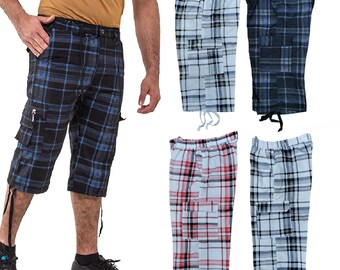 Short à carreaux pour hommes, longueur 3/4, coupe classique, short d'été décontracté, taille élastiquée, demi-pantalon de combat cargo