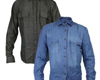 Mens Blue Denim Shirt Long Sleeve Casual Classic Western Men Black Stretch Top