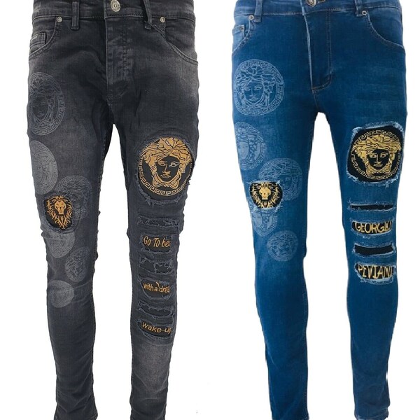 Mens Denim Jeans Designer Stretch Slim Ripped Distressed Men's Printed Denim Jeans UK