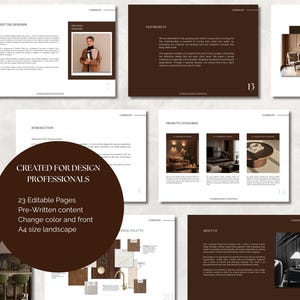 May include: A layout of an interior design portfolio with a brown and white color scheme. The portfolio includes pages with text, images of interior designs, and the text "CREATED FOR DESIGN PROFESSIONALS". The portfolio has 23 editable pages.