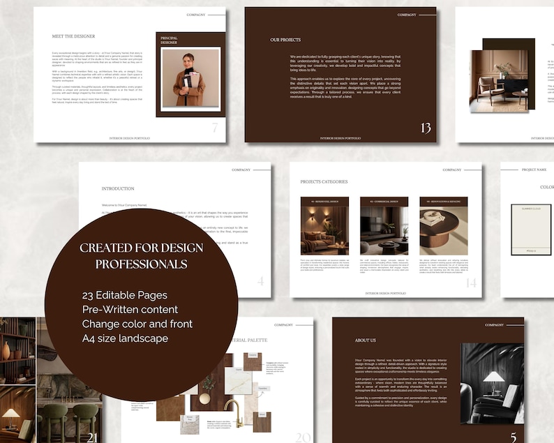May include: A layout of an interior design portfolio with a brown and white color scheme. The portfolio includes pages with text, images of interior designs, and the text "CREATED FOR DESIGN PROFESSIONALS". The portfolio has 23 editable pages.