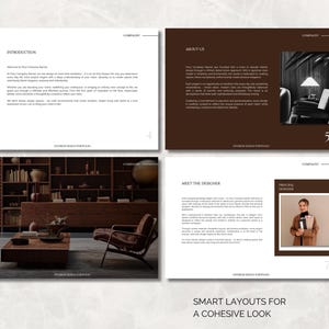 May include: A four-page interior design portfolio layout. The pages feature text, images of interior spaces, and a photo of the designer. The text includes the words "Introduction", "About Us", and "Meet the Designer". The bottom of the image reads "SMART LAYOUTS FOR A COHESIVE LOOK."