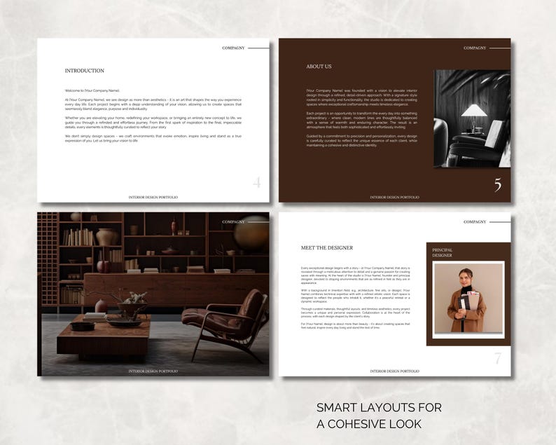 May include: A four-page interior design portfolio layout. The pages feature text, images of interior spaces, and a photo of the designer. The text includes the words "Introduction", "About Us", and "Meet the Designer". The bottom of the image reads "SMART LAYOUTS FOR A COHESIVE LOOK."