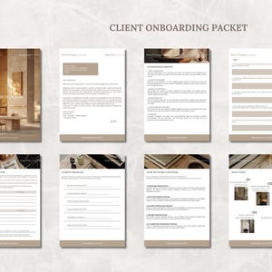 May include: A collection of printed documents titled "Client Onboarding Packet" with a neutral color palette. The documents include text and images related to interior design, project descriptions, and client checklists. The overall aesthetic is modern and professional.