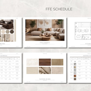 May include: A collection of interior design documents, including a mood board, FFE schedule, floor plan, products schedule, material board, and lighting schedule. The documents feature images of furniture and design elements, with text labels.