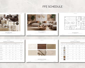 FF&E Schedule | Interior Design Furniture, Fixtures and Finishes Schedule Template for Interior Designers | Includes Mood Board