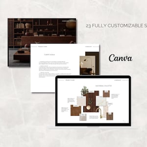 May include: A laptop displays a presentation with the Canva logo and the text "23 Fully Customizable Slides." The presentation includes images of interior design elements and a material palette.