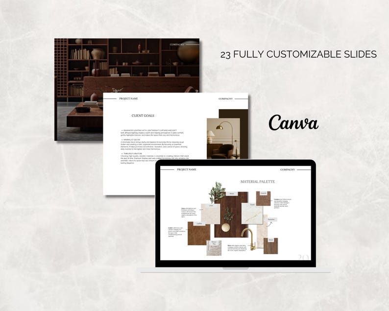 May include: A laptop displays a presentation with the Canva logo and the text "23 Fully Customizable Slides." The presentation includes images of interior design elements and a material palette.