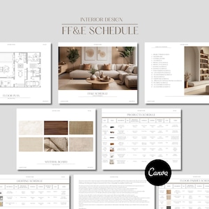 Plantilla de calendario de muebles, accesorios y acabados para diseño de interiores (FF&E) para diseñadores de interiores. Incluye tablero de estado de ánimo.