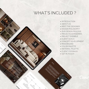 May include: A digital tablet and several printed pages are displayed on a light-colored surface. The tablet shows a living room interior design. Text on the tablet reads "INTERIOR DESIGN PROJECT TITLE". The text "WHAT'S INCLUDED?" is at the top, with a list of topics.