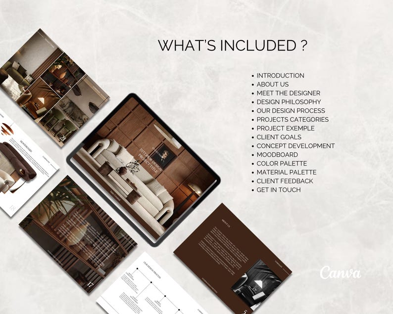May include: A digital tablet and several printed pages are displayed on a light-colored surface. The tablet shows a living room interior design. Text on the tablet reads "INTERIOR DESIGN PROJECT TITLE". The text "WHAT'S INCLUDED?" is at the top, with a list of topics.