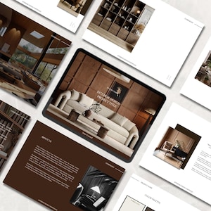 May include: An interior design portfolio layout featuring a tablet displaying a living room design with a white sofa and coffee table. Surrounding pages showcase other interior designs, including a library and a modern living space. The text "INTERIOR DESIGN PROJECT TITLE" is visible.