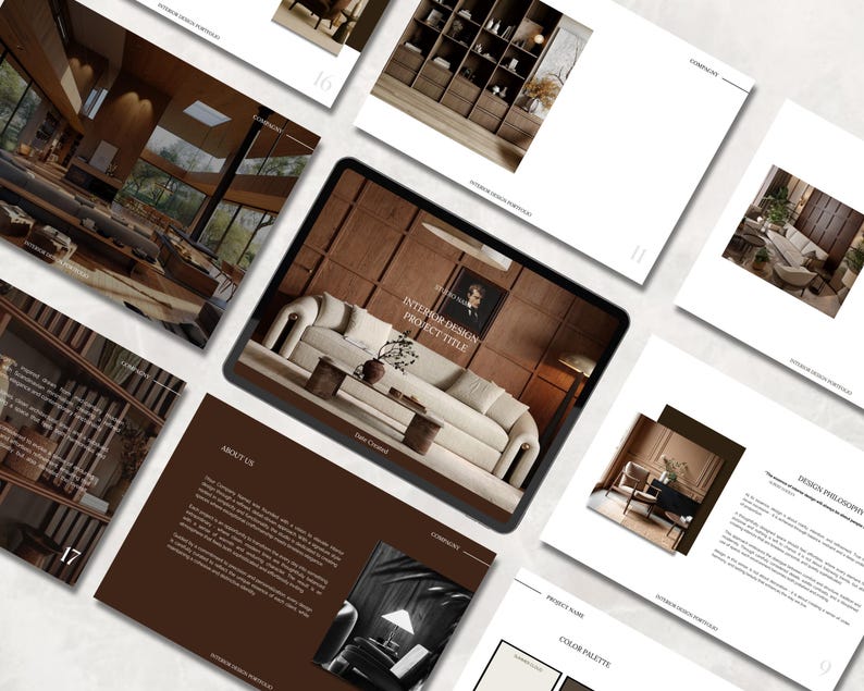 May include: An interior design portfolio layout featuring a tablet displaying a living room design with a white sofa and coffee table. Surrounding pages showcase other interior designs, including a library and a modern living space. The text "INTERIOR DESIGN PROJECT TITLE" is visible.