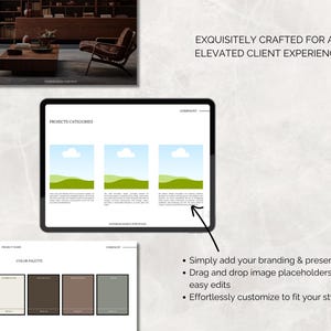 May include: A digital tablet displays a portfolio layout with project categories, color palette, and text: "Exquisitely crafted for an elevated client experience." Additional text includes instructions to add branding, use image placeholders, and customize the style.