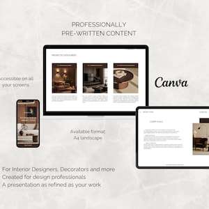 May include: A digital presentation displayed on a laptop, tablet, and smartphone. The presentation features interior design project categories and client goals. Text includes "Professionally Pre-Written Content" and "Canva."