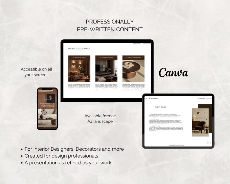 May include: A digital presentation displayed on a laptop, tablet, and smartphone. The presentation features interior design project categories and client goals. Text includes "Professionally Pre-Written Content" and "Canva."