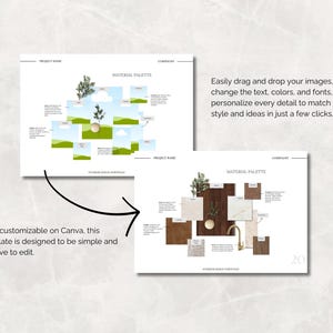 May include: Two interior design portfolio templates with the words "MATERIAL PALETTE". One template features a landscape design, the other features wood and stone samples. Text reads "Fully customizable on Canva" and "Easily drag and drop your images."