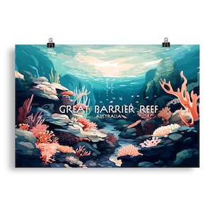 May include: An underwater illustration of the Great Barrier Reef in Australia. The image features coral reefs in shades of pink, orange, and white, surrounded by dark blue water and rocks.