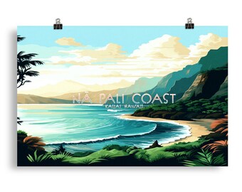 May include: A colorful illustration of the Na Pali Coast in Kauai, Hawaii. The image features a blue ocean with waves crashing on a sandy beach. Lush green mountains rise up in the background, with a bright blue sky and fluffy white clouds above.