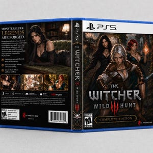 May include: The Witcher 3: Wild Hunt Complete Edition video game case for PlayStation 5. The front cover features three female characters in a forest setting. The back cover displays game information, text, and screenshots of the characters.