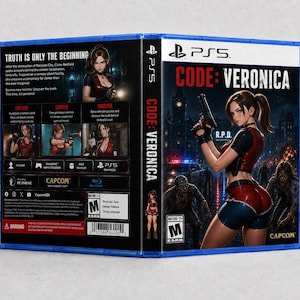 May include: A PlayStation 5 game case for Code: Veronica featuring a character in a red and blue outfit holding a handgun on the front cover. The back cover displays game information, screenshots, the Capcom logo, and an ESRB Mature 17+ rating.