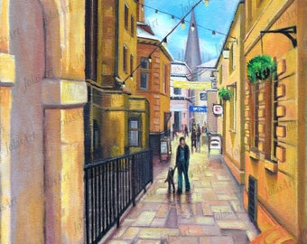 Market Street original Ölgemälde, schöner, friedlicher, sonniger Tag feine Wand Kunstdruck, einzigartige Geschenkidee für Wohnkultur