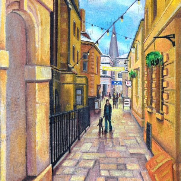 Market Street original oil painting, beautiful, peaceful, sunny day fine wall art print, unique gift idea for home decor