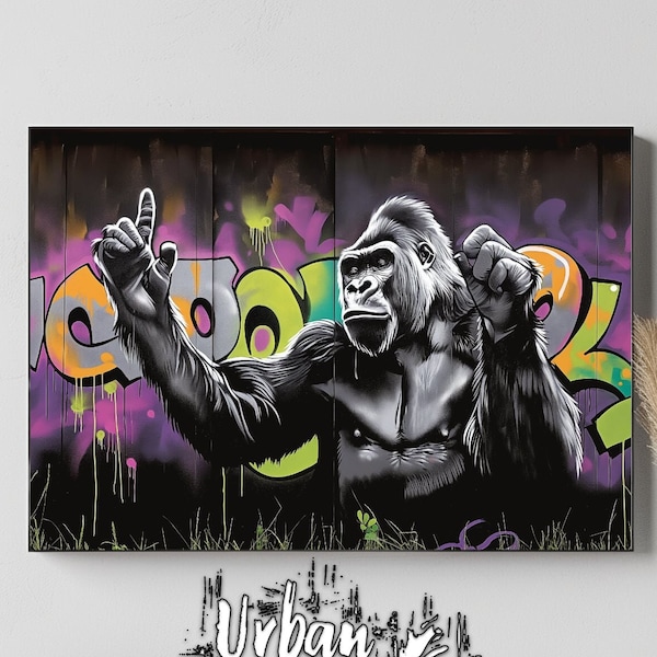 Dancing Silverback Gorilla | Urbanized Melodic Artwork Groovy Expressive Composition Rhythmic Vibrant Illustration Edgy Streetwise Grafitti