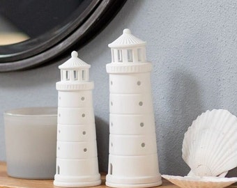 Mer comme mots Phare moyen en porcelaine blanche 18 cm avec photophore, bougie chauffe-plat, bougeoir