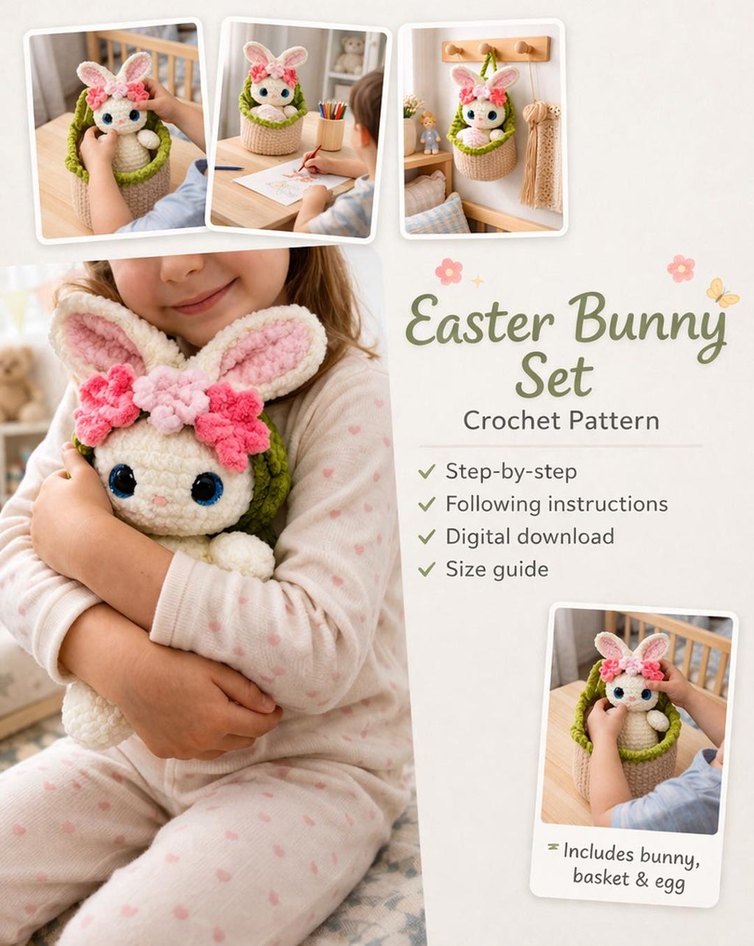 Easter Bunny Crochet Pattern, Amigurumi Bunny Basket Egg PDF Pattern ...