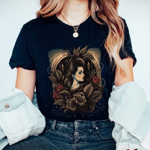 Rockabilly Pinup T shirt, Casual Rockabilly clothes, Vintage Tee with Roses, Retro T shirt, T shirt With Pin-striping, Size S,M,L,XL,2XL,3XL