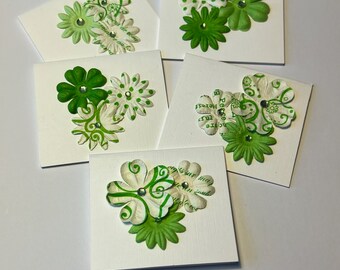 Mini love notes or lunchbox notes. Tiny, small. Green and white patterned flowers glued on white card stock.  Set of 5. Mother’s Day.