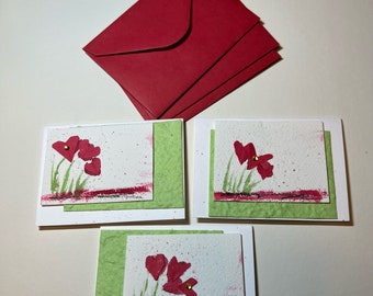 Mini note cards, red hearts collage on card stock, with envelopes (set of 3) mixed media. One of a kind.