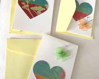 Mini notes, lunchbox, love small notes (set of 3) with yellow envelopes, hearts, butterflies, one-of-a-kind.