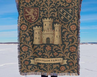 Personalized Medieval Castle Woven Blanket, Gothic Heraldic Tapestry