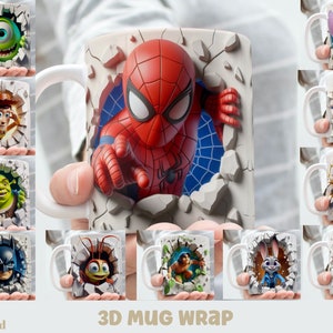 3D Effect Classic Cartoon Movies Character Mug Wrap, 11 oz & 15 oz Mug Bundle Sublimation Wrap, Instant Digital Download, PNG Template image 1