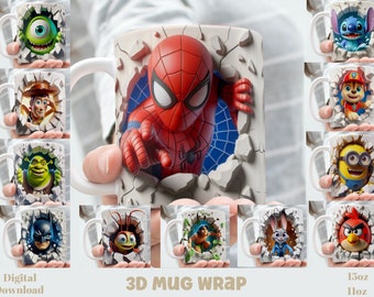 Envoltura para taza con personajes de películas de dibujos animados clásicos con efecto 3D, paquete de tazas de 11 oz y 15 oz, envoltura de sublimación, descarga digital instantánea, plantilla PNG