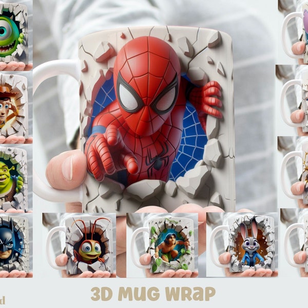 3D-effect klassieke cartoon films karakter mok wrap, 11 oz & 15 oz mok bundel sublimatie wrap, instant digitale download, PNG-sjabloon