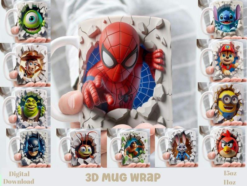 3D Effect Classic Cartoon Movies Character Mug Wrap, 11 oz & 15 oz Mug Bundle Sublimation Wrap, Instant Digital Download, PNG Template zdjęcie 1