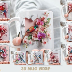 May include: A set of 11oz and 15oz white ceramic mugs with 3D printed designs featuring birds and flowers. The designs are printed to look like they are breaking through the surface of the mug.